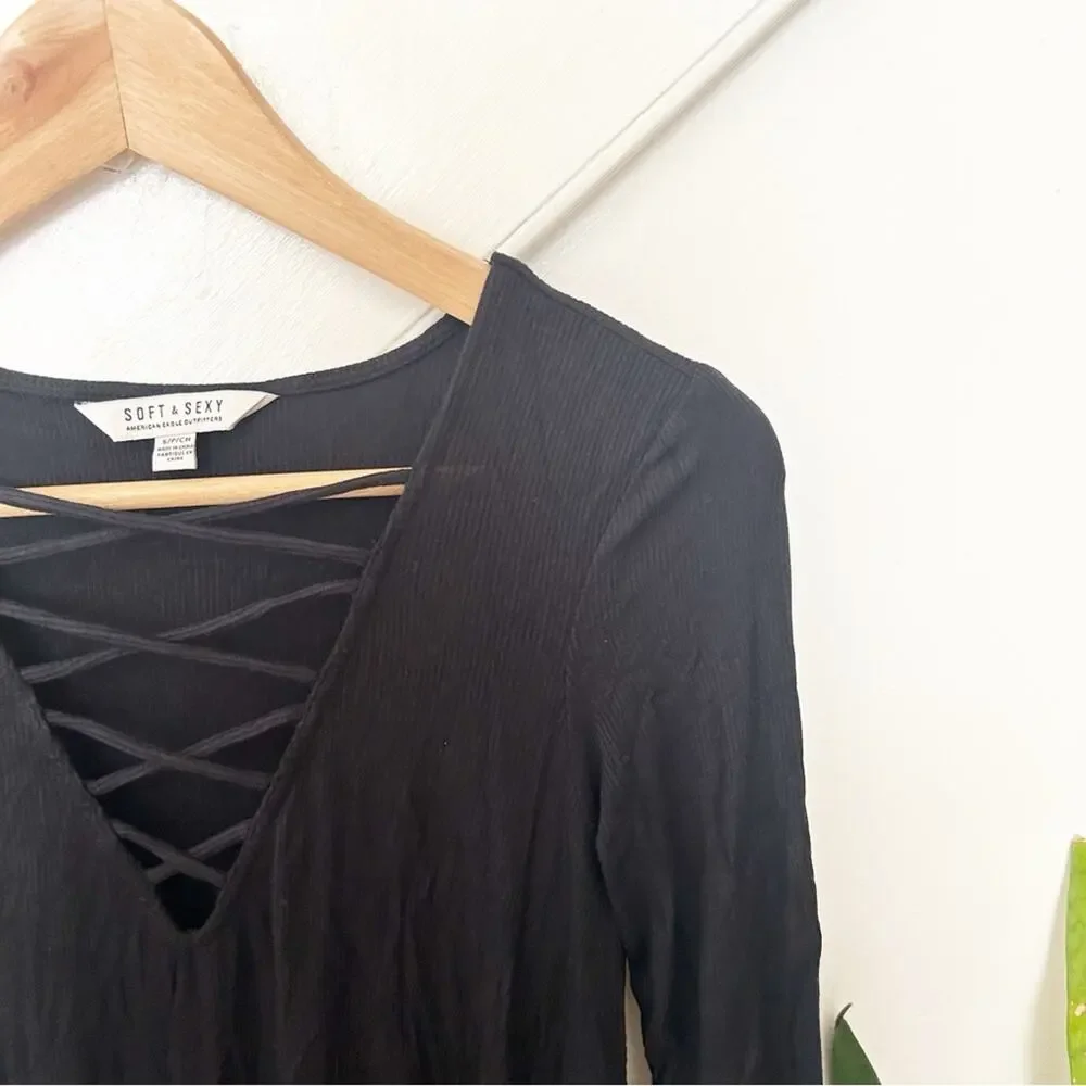 American Eagle Soft & Sexy Lace Up Long Sleeve Swing Dress Black Size S Small - Picture 2 of 5
